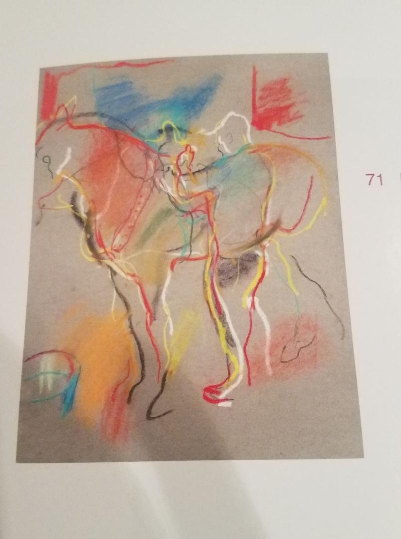 Continuing equine Art. Saddling Circus horse.