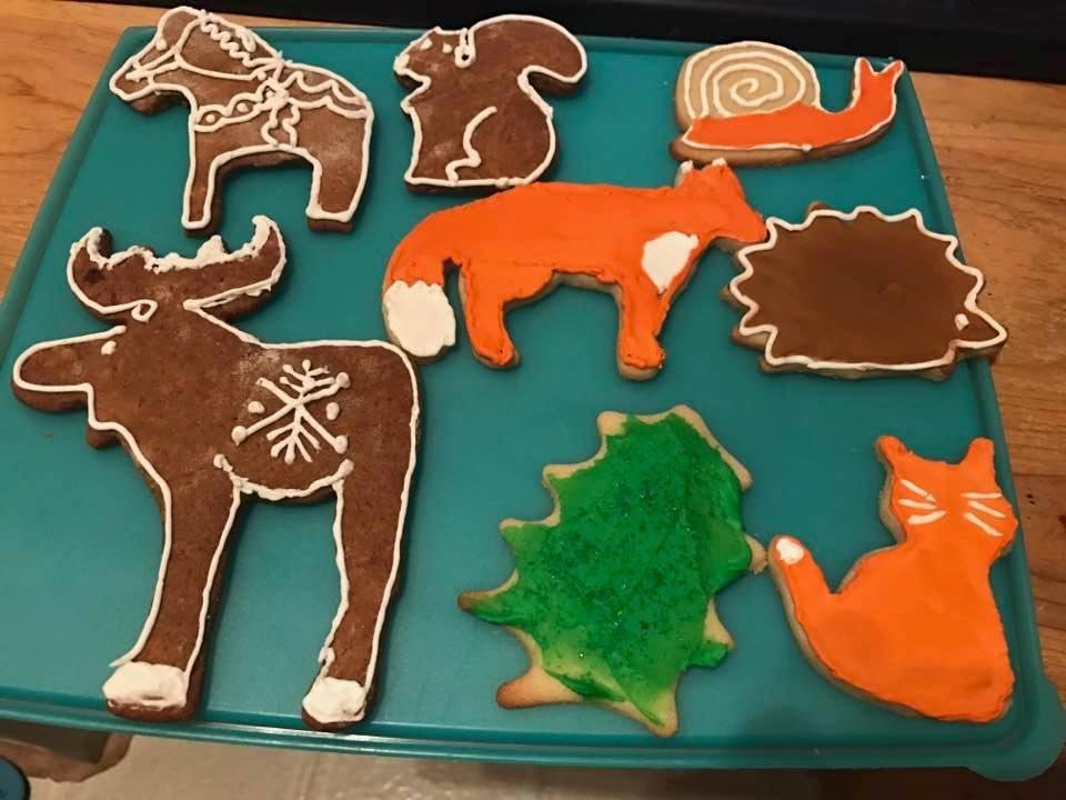 This is what happens when you buy cookie cutters at IKEA and your son and wife decorate the nursery with woodland animals for the baby they are having. I also made more traditional ones too like the holly leaf shown and sta