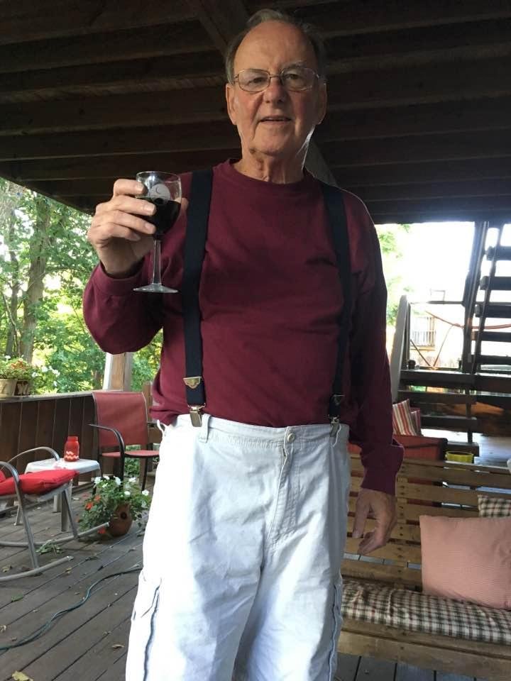 Can't wear a belt after operation so suspenders and wine will do