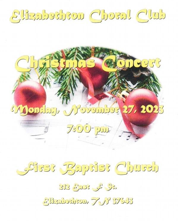 Hope to see you there. Lots of beautiful music. And it's FREE!
7:00 P.M.
Monday, November 27th, 2023
First Baptist Church
212 East F. Street
Elizabethton, TN 37643