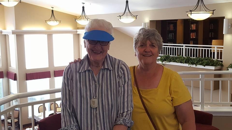 My mom and I upstairs in her new Brookdale assisted living home in Oregon.