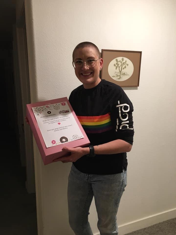 Surprised by donuts from Alexis’s co-worker! Thanks Amrita & Meera! And Pink-Box donuts for still baking so others can enjoy.