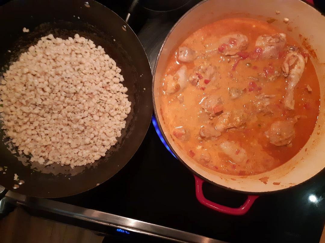 After teaching 8 students today this happened. Chicken Paprikas with Tarhonya. Will also make spaetzle in 2 days..too tired to bother. A part of my heritage. My mama taught me right.
