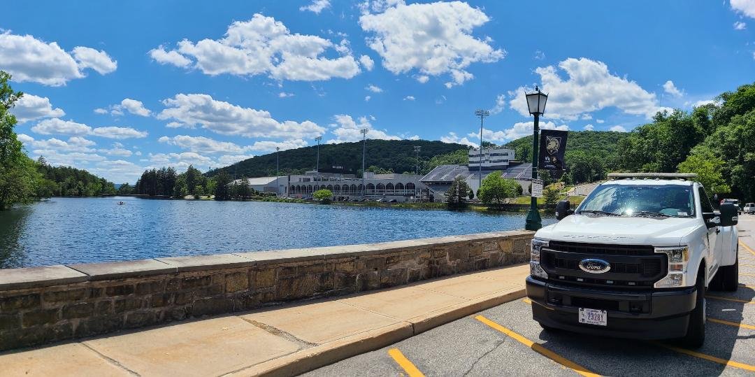 Another beautiful summer day on West Point. Was driving WPFD's new F-350 diesel pickup while conducting annual fire extinguisher inspections. Had to stop to appreciate the view.
Can see people on a kayak on Lusk Reservo