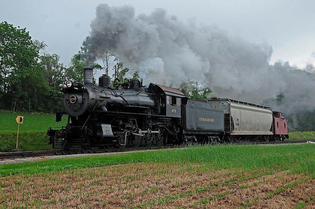 June 2013, Strasburg, PA, Strasburg Railroad 4-8-0 #475 is on the way back to town with a one car freight.  This is a freight---not a photo freight although they did have passengers in the caboose.