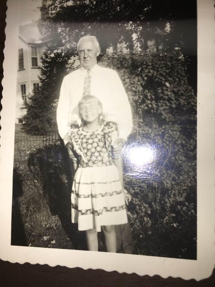 This photo is of my Dad, Fred Fish. I am about six in this picture taken in our yard. He was 55 when I was born. He was from Maine and came to Elkton to build a road where he met my Mom. A civil engineer who was in charge o