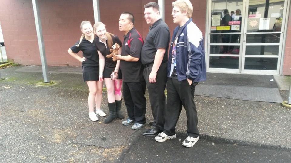 Andy Herrmann on right with his JBT Mix 5 Bowling Team after bowling 17 Baker Games Sunday. Finshed top 10.
JBT 5 Person Team with Mascot.