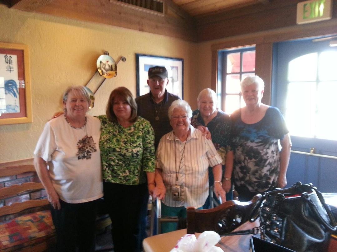 Reunion picture/Junior High School neighbors from Glen Avon/lunch in Temecula @ Mimi's..
Left to right:Bobbi Gee, Jere Smith, Darwin Gee, Opal Jandt(Jere's Mom), Marsha Gee Wilson & me!! What a fun day!!