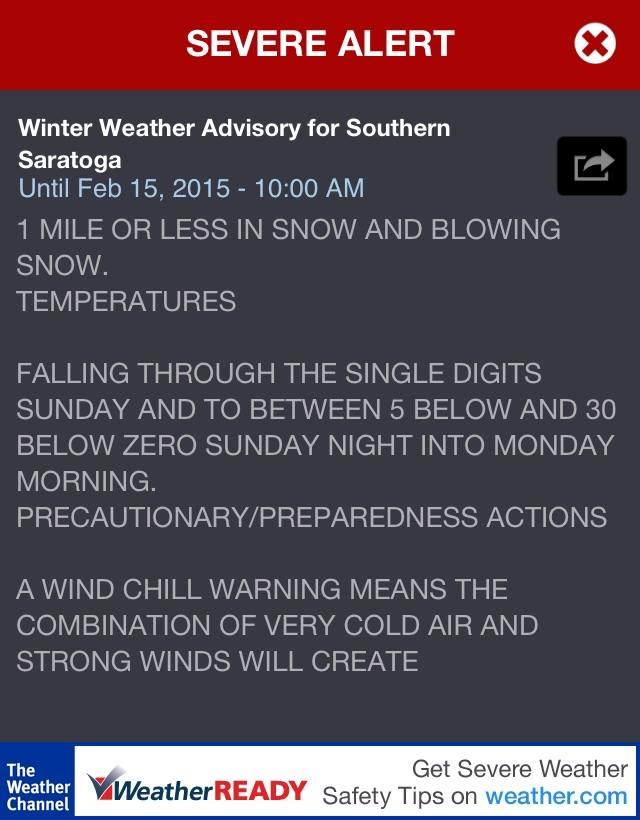 Winter Weather Advisory for Southern Saratoga
