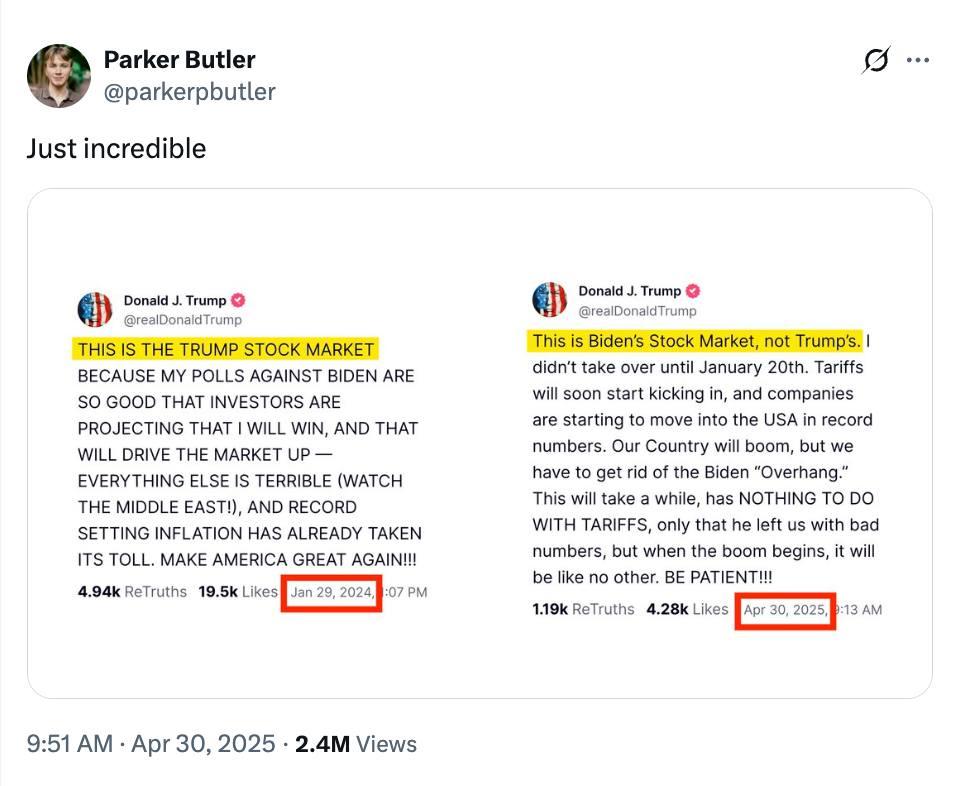 The lying and hypocrisy of Trump is boundless. Look at what he said in January vs. what he said 100 days later: When the stock market was doing well while Biden was president, he took credit. Now that the market keeps falli