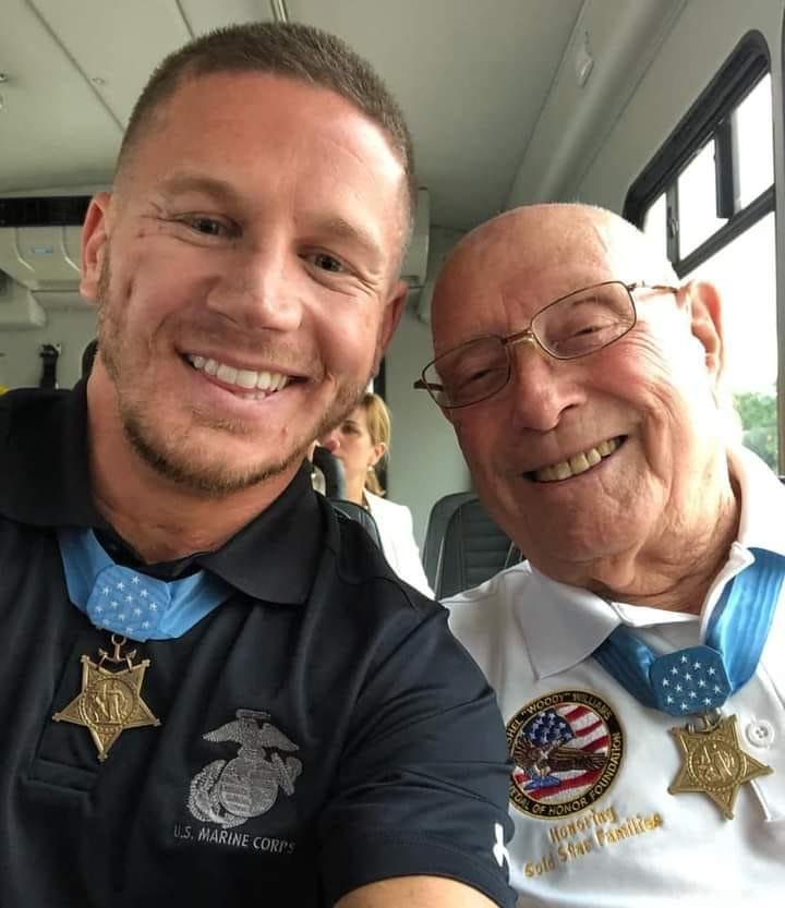 Two great Marines who are also the youngest and oldest living Marine Corps Medal of Honor recipients. Kyle Carpenter (Afghanistan, 2010) and Hershel “Woody” Williams (Iwo Jima, 1945). Photo from Kyle Carpenter.