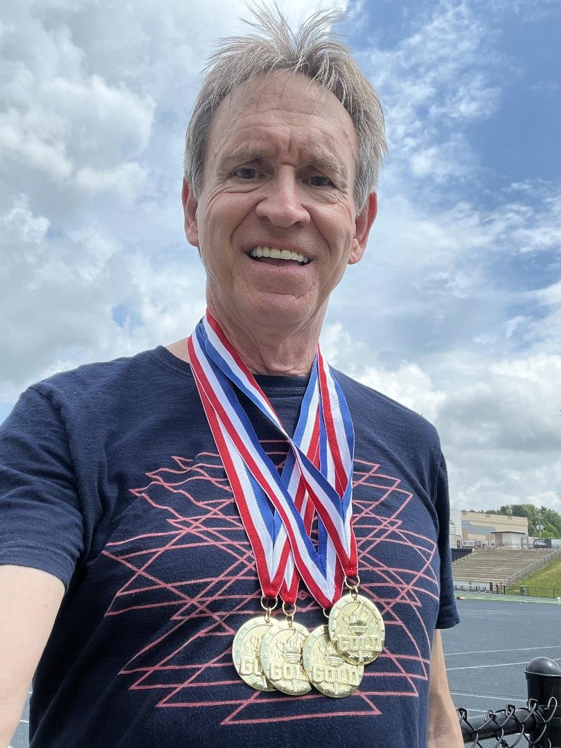 At the local Senior Games today to qualify for the State meet in the fall. After 5 baseball games in 3 days, my legs were shot. I needed to finish top 3 in 100m, 200m, 400m, and standing long jump. The fastest old man is so