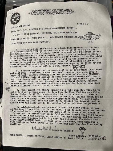 45 Years ago we had a guy in our SF reserve unit that saved (everything) including his first "pink" pay voucher from the 1960's. Here for yuor review please find a SF unit party announcement I had drafted for the event. We 