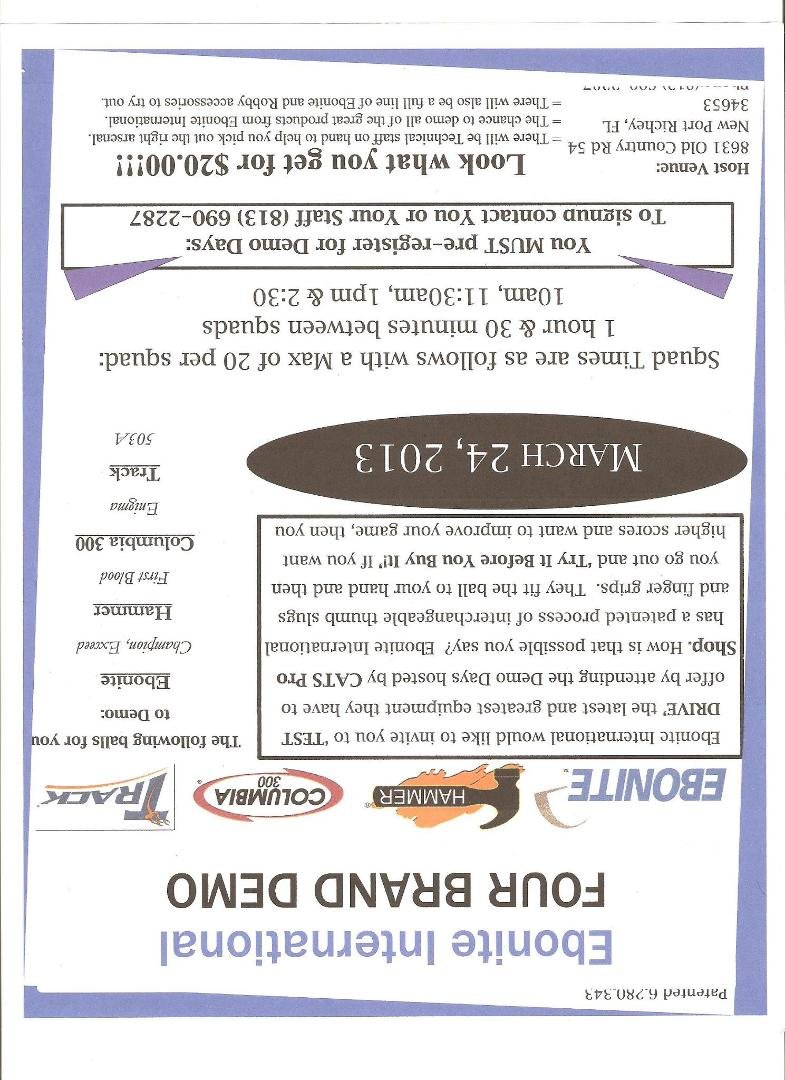 EBI Demo day!!! Call today and reserve a spot. Come try some of todays best bowling balls. Call 727-375-2287. Leave a message if we are unavailable.