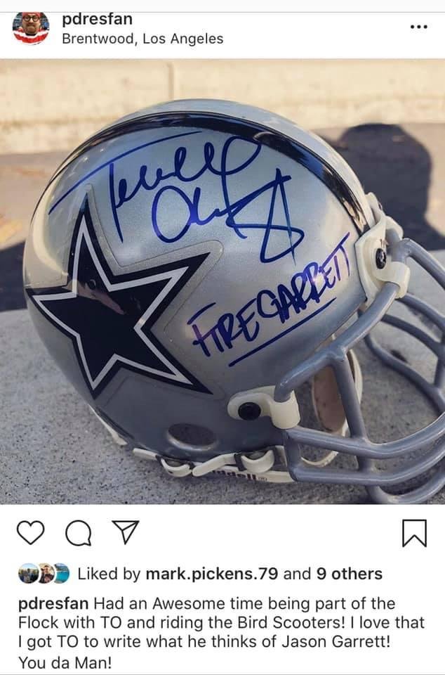 My hubby had a great time riding birds with TO. He got a signed cowboy helmet - TO said what we re all thinking lol!
#firegarrett