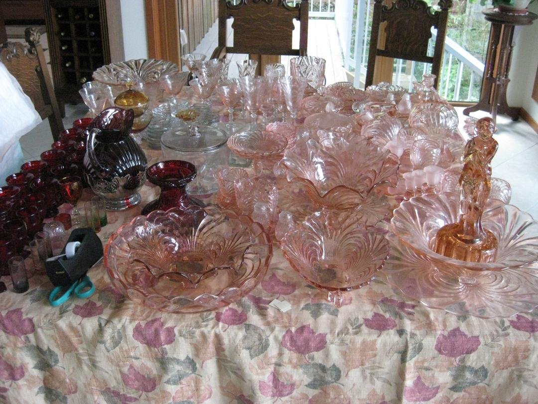 Working on thinning out the antique glass again. Another table -- mostly pink caprice this time.
