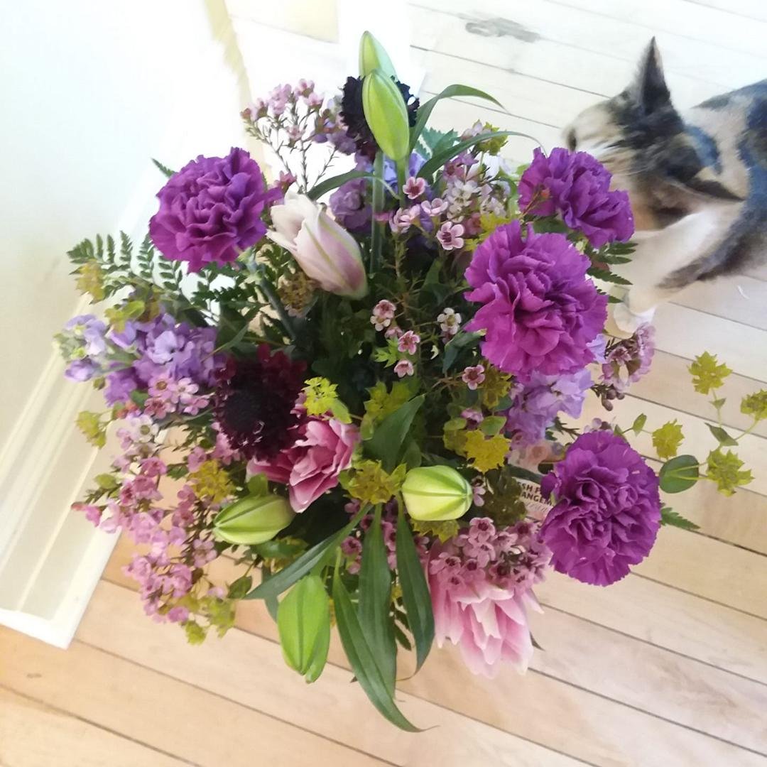 Birthday flowers from Matthew Keck, Sarah Keck and Clayton; anyone notice "Linda" smelling these fragrant flowers