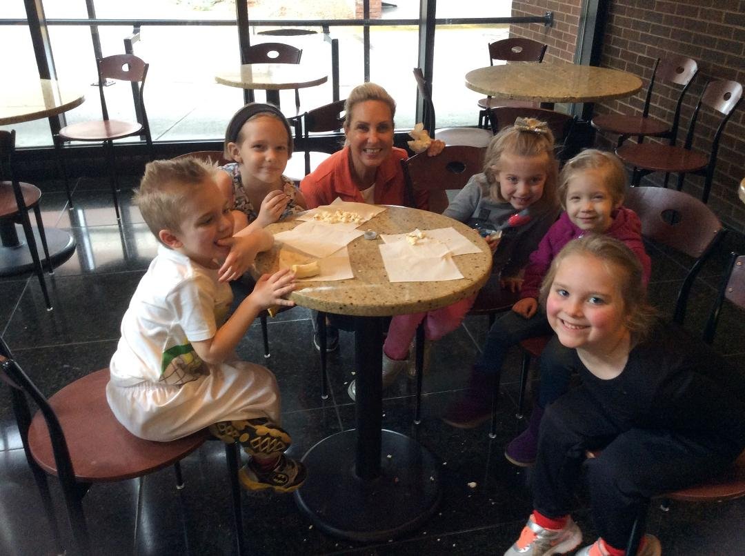 Snack with all my grandkids In the Hackensack Hospital Lobby Cafe.  Visiting GG.