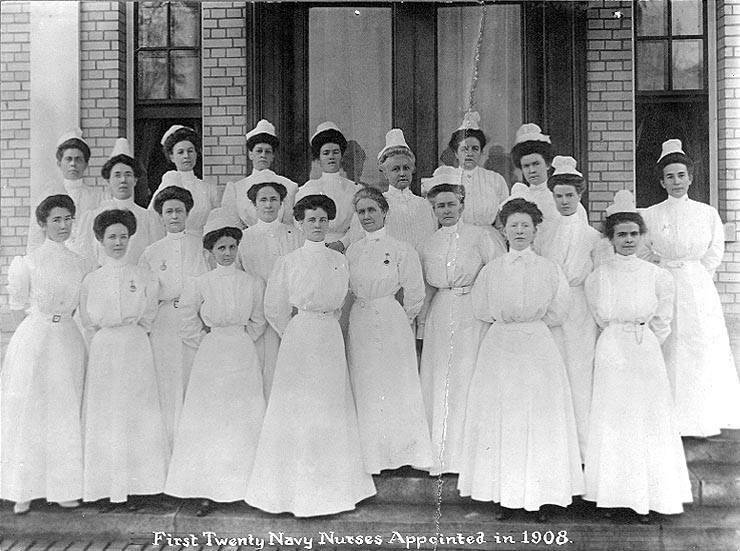 Hi, This is the nurses of the 1908 Navy Corp. was their assignment. Florence Nightingale goal is demonstrated in ladies of good moral reputation,clean,& hair being held back a cap. Outside ladies wore dresses a few inches h