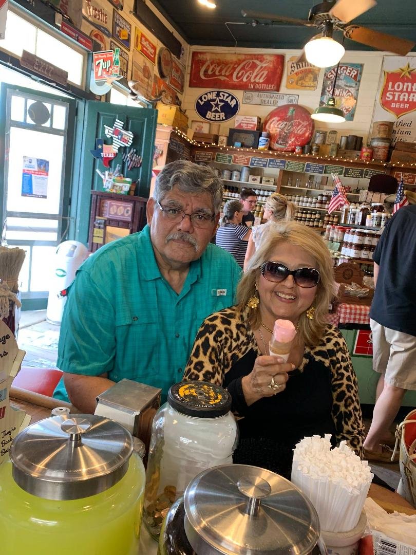 Debbie and I on a trip to Gruene. Stopped in to cool off with some ice cream.