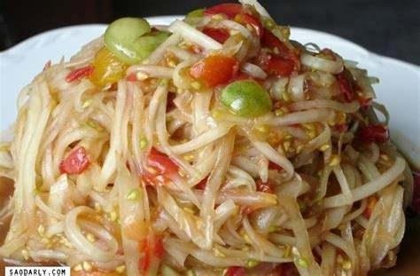 Laos papaya salad. Seems American's like this stuff, the Lao people use green (unripened) papaya and it is HOT take paint off type hot. My wife makes me cucumber instead of papaya. It is nice to have almost any foreign meal