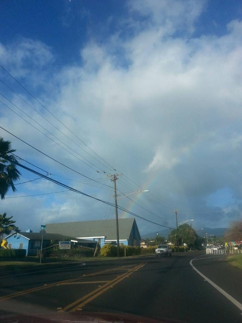 Tough to get rainbows in moving car with phone... it was nicely brilliant. 7am on way to craftsies. Hi today low 80s. Sigh.