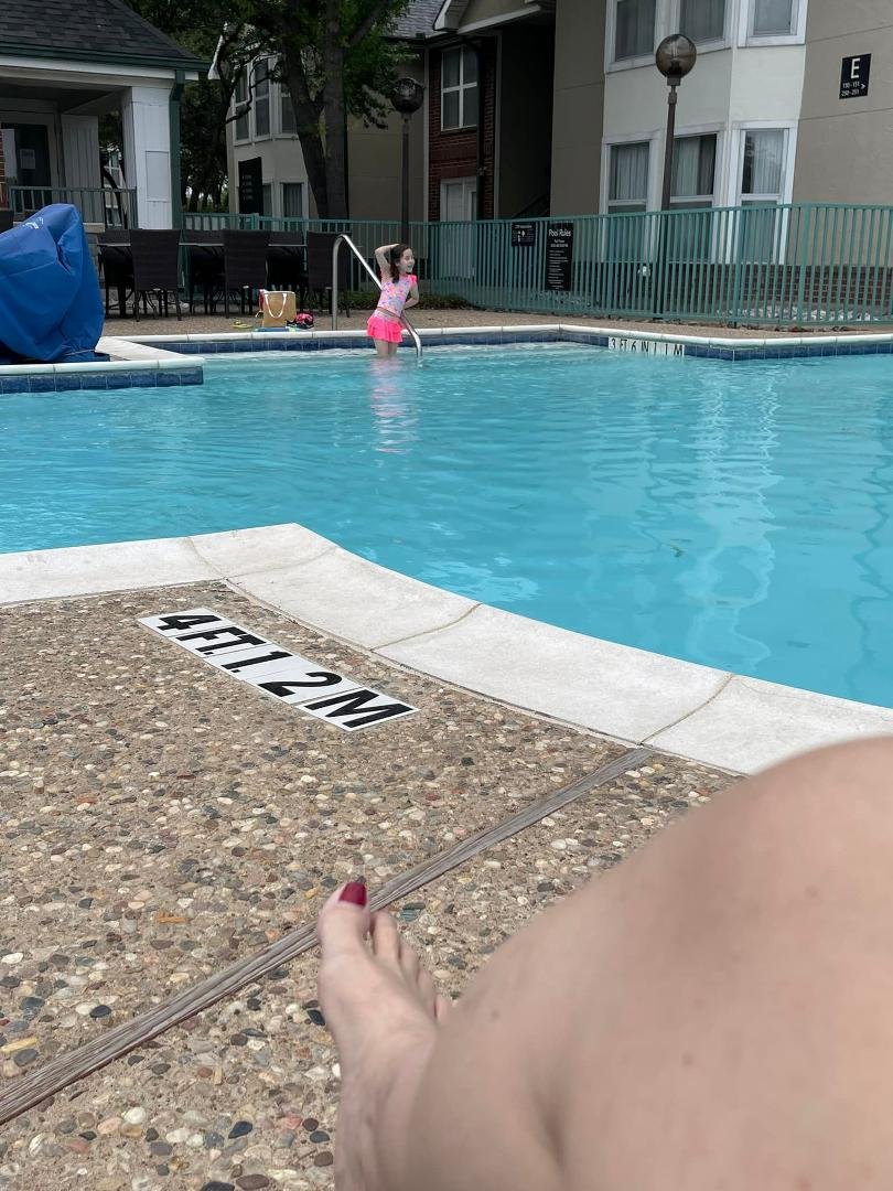 85 degrees. Testing the pool for her 1st season swim.