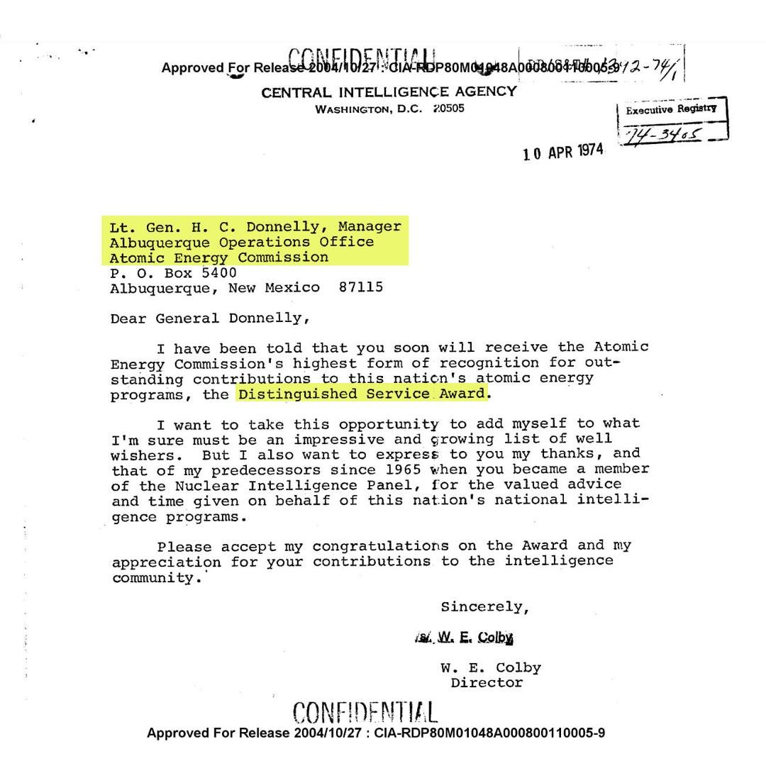 #TBT Today during my research in the CIA FOIA Reading Room I found this April 1974 congratulatory letter from CIA Director William E. Colby to Lt. General H. C. Donnelly, Manager of the Albuquerque Operations Office of the