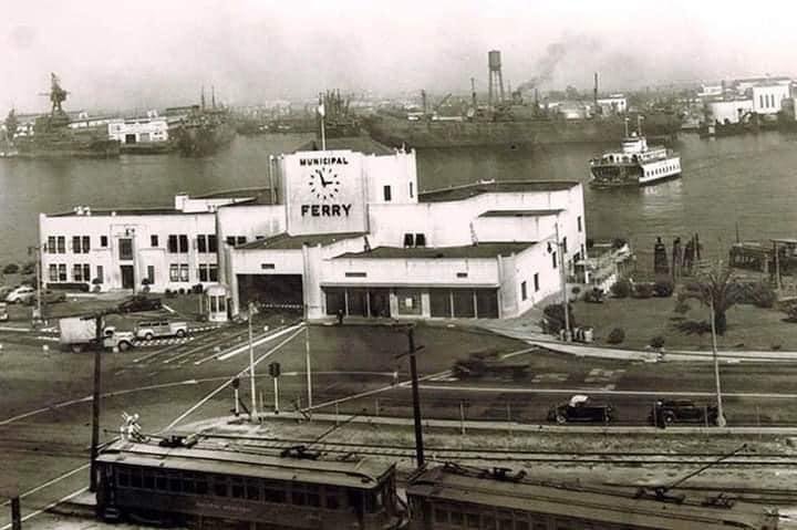 A 1950s view of the San Pedro to Terminal Island Ferry before the construction of the Vincent Thomas Bridge. I remember this well.