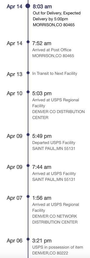 I can't imagine why USPS is having problems. Here's a package shipped a week ago from the other side of town, a 12 mile trip - plus a 1400 mile detour through MN.