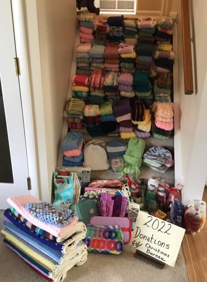 My 19th year of making 128 scarves, 7 hats , and 7 lap blankets for the Baldwinsville Christmas Bureau. Other items donated are toiletries, cosmetic cases, doll quilts, and some other goodies they can use for needy familie