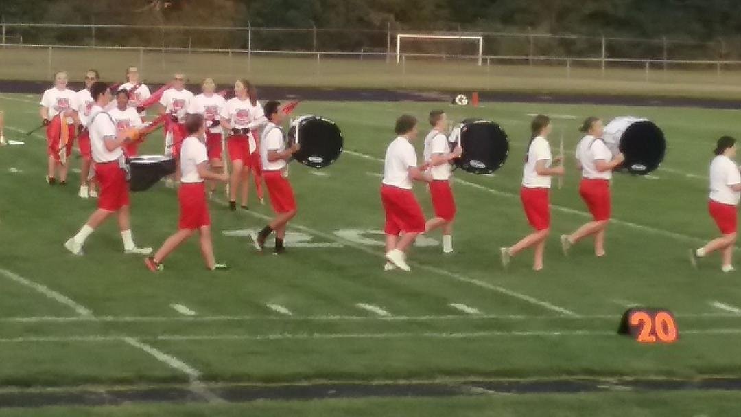 Meagan on drums, RT, Paw Paw football opening game.