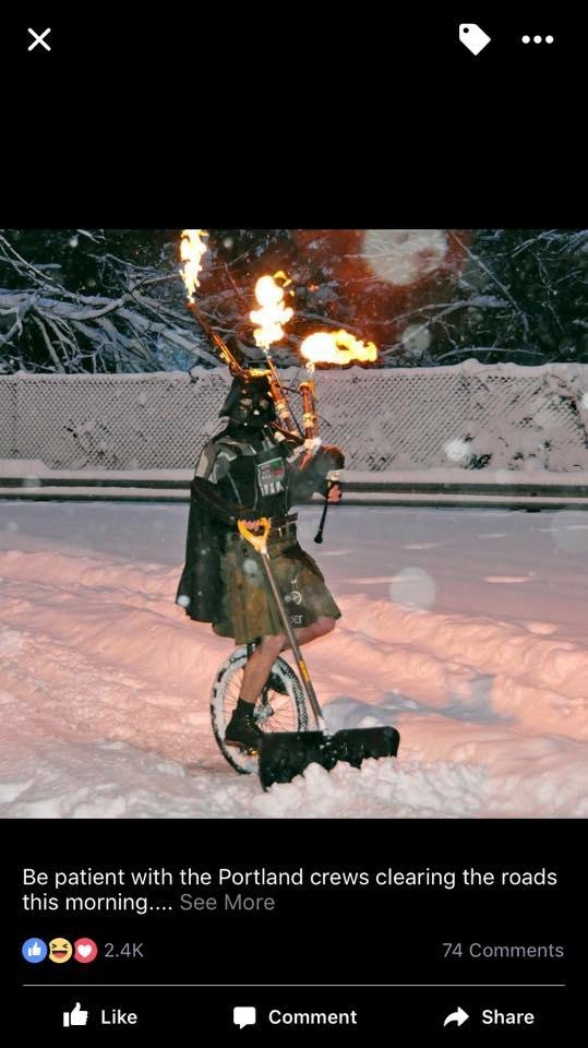 The Portland Uni-piper, just doing his bit for the community (we don't have many snow plows here).