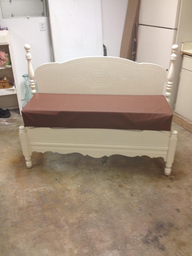 My new project I made. A bench made using a head board and foot board of old bed.