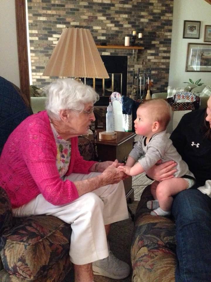 Great grandma and Benton playing patty cakes yesterday