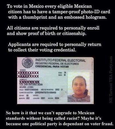 If "We the People" had adopted Mexico's voter ID credentialing and voter policy, our southern border would still be secured because our Article II picture would have been a lot different had Biden not received all those har