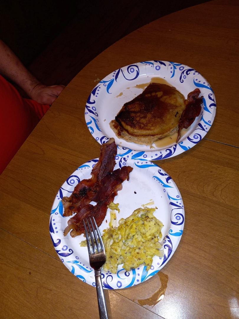 Apple sauce pancakes with bacon and scrambled eggs for Good Friday breakfast. Yummy!!!