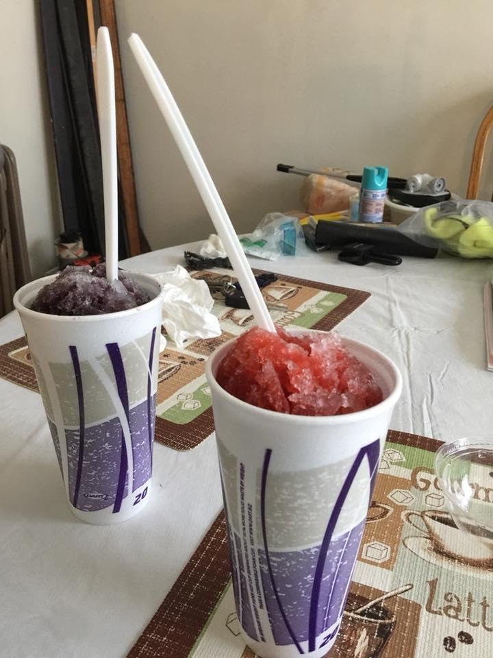 Hey Ryan Baxter and Kristin Johnson........
Mmmm.....our first snowballs of the season from the icy stand in Middlesex!!! Cherry and Grape with marshmallow in the center!!