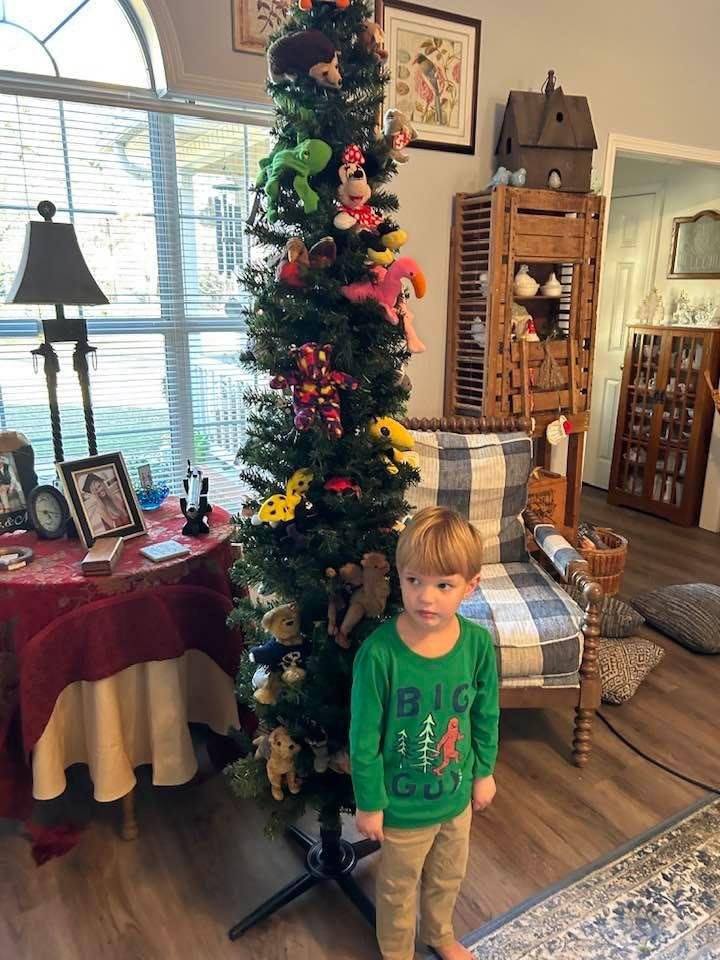 Baylor in front of his Beanie Baby tree!