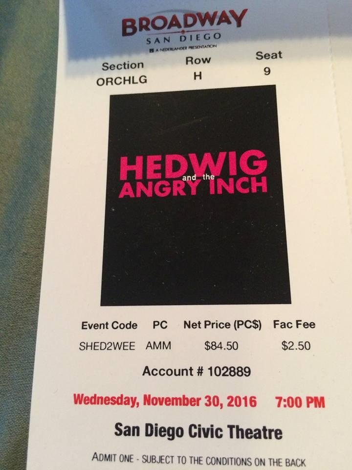 San Diego folks--four FANTASTIC tickets just became available for Hedwig and the Angry Inch! Row H, seats 5/7/9/11. These are 8 rows from the stage and DEAD CENTER! Original family members can't go. You win! Rolling Stone m