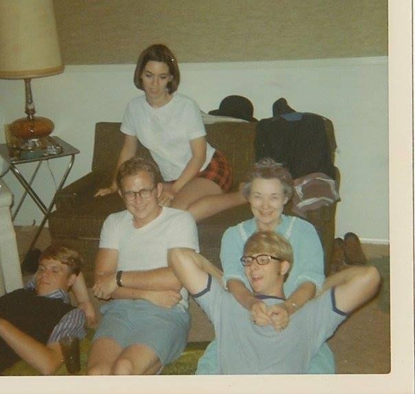 This is 50 years ago. I can hardly believe it. I'm the young woman up on the loveseat. My now ex-husband is on the floor leaning against the loveseat. How time flies.