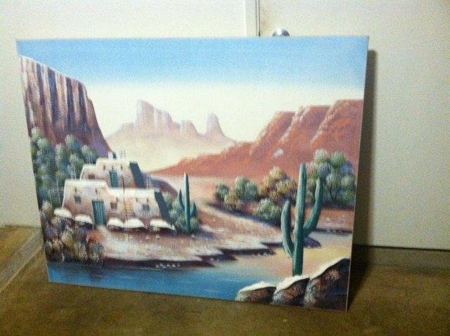 This painting of the southwest is 40 inches high and 50 inches wide. You can't tell by the photo that this is a three dimensional painting. It is yours for $100 or best offer at Schofield Barrack Army Base.