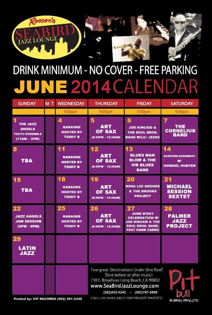 THIS WEEK AT THE SEABIRD JAZZ LOUNGE - 6/12/14 to 6/15/14
Greetings,
I hope your plans this week will include joining us at the Seabird Jazz Lounge. The Seabird Jazz Lounge and Roscoe's House of Chicken 'n' Waffles are