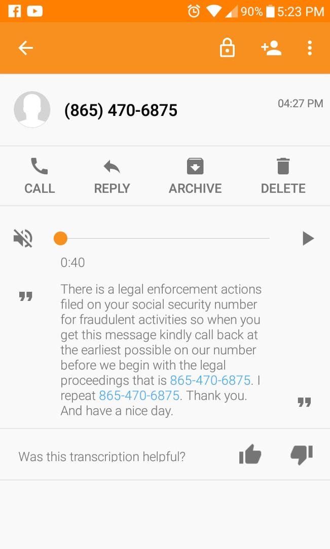 Actual screen shot of sms text from message left by scammer . Don't fall for this