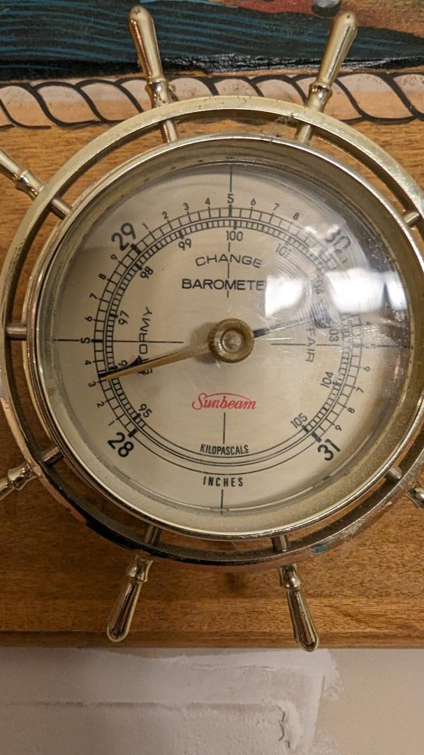 Barometer is sitting at about 28.3 inches of Mercury. What that means, is we're going to have a very low pressure system pass through in the next 6-12 hours. Just for comparison, before we went to dinner, the barometer show