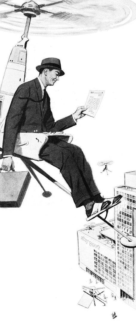 Futuristic transportation illustration - 1960 (It looks like a high chair with a whirling blade of death two feet above your head. Must be no wind or his hat and reading material would both be gone. No briefcase holder eit
