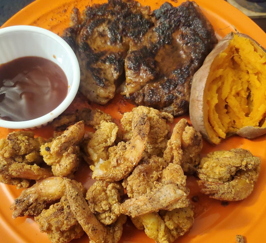 My dear husband had to go out of town for my birthday but he sent me money for my meal which I prepared myself ribeye steak and shrimp