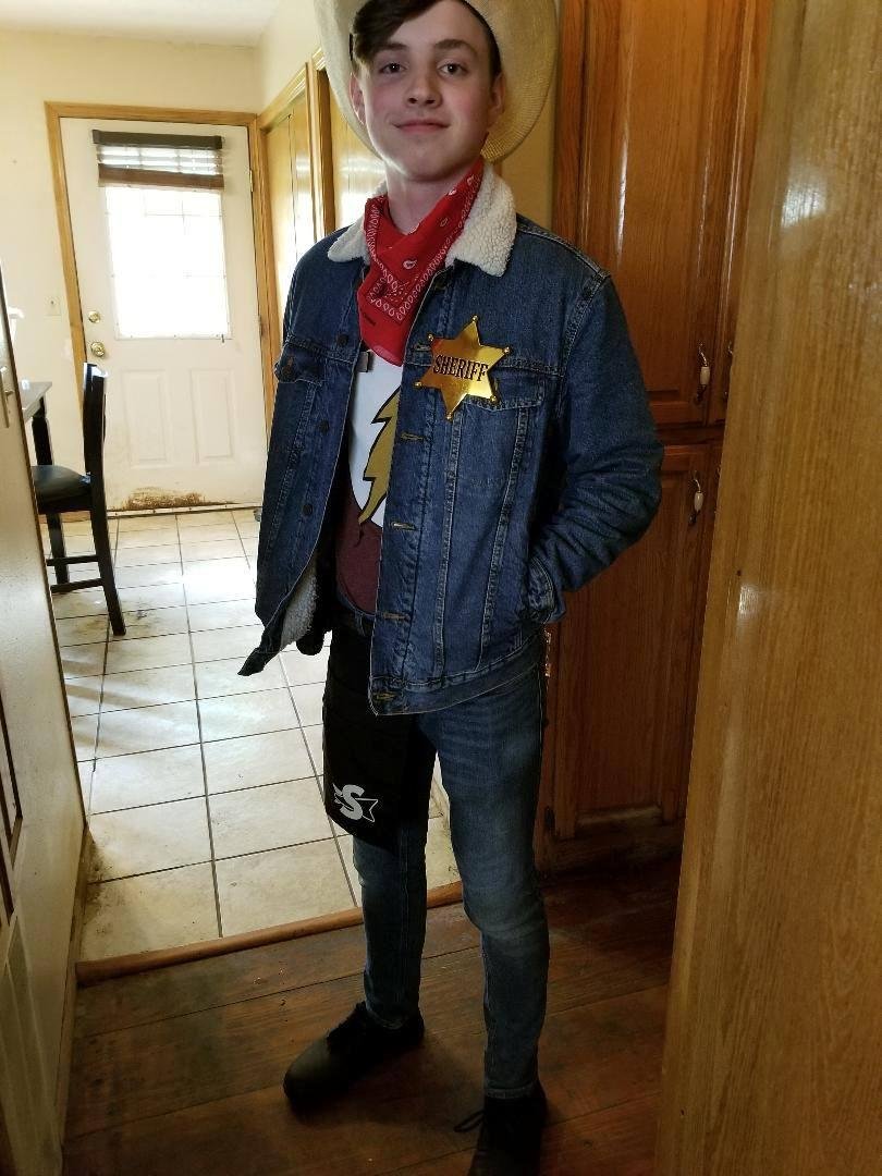 Well, Gabe's ready to go to work at Sonic dressed up to take advantage of the Halloween crowd. If you live around here, drop by the Webb City Sonic and say Hi.