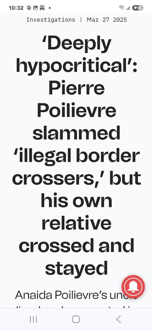 Poilievre rants that he will "track down and deport all illegal immigrants", meanwhile his illegal immigrant uncle-in-law sits in the front row at Conservative conventions. Peepee's wife and one of his conservative MPs assi