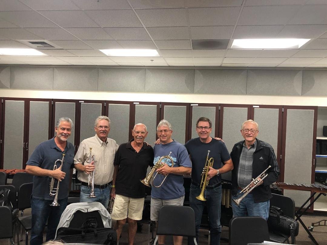 The Cats trumpet section. Four of the six are my students and I thought it was time for them to play flugel, so I gifted them one from Austin Custom Brass. David Ciraulo in the center is holding the horn. these guys have su